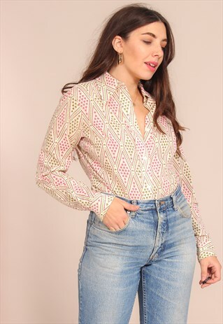 VINTAGE 70S BLOUSE IN FLORAL CHECK PRINT