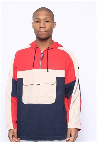 VINTAGE 1/4 ZIP HOODIE POUCH POCKET BLOCK COLOUR
