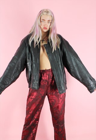 VINTAGE 90S Y2K OVERSIZED BLACK LEATHER RACE BOMBER JACKET
