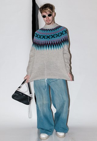Y2K VINTAGE GEOMETRIC PRINT WARM JUMPER IN STONE GRAY