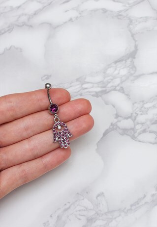 HAMSA HAND BELLY BAR PURPLE GEM OM DANGLING BODY JEWELRY
