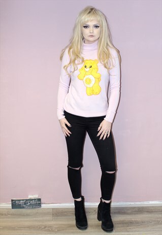 VINTAGE STYLE CARE BEARS APPLIQUE YELLOW PINK HIPSTER JUMPER