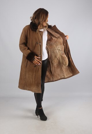 VINTAGE SHEEPSKIN SUEDE SHEARLING COAT MID LONG (C9BO)