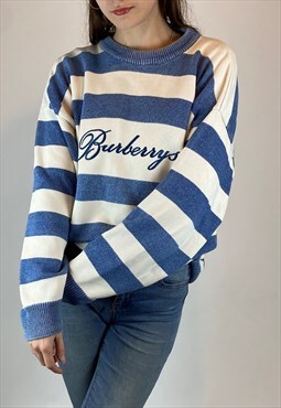 Vintage Unisex Burberrys Blue White Stripe Spell-out Sweater