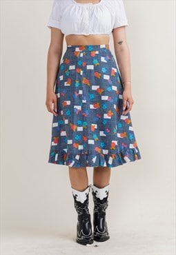 Vintage 70s Boho Abstract Pattern Ruffle Edge Midi Skirt XS