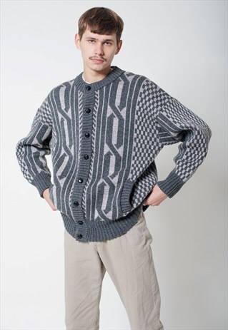 VINTAGE 80S GRANDADS BUTTON UP PATTERNED KNIT CARDIGAN L