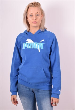 PUMA WOMENS VINTAGE HOODIE JUMPER LARGE BLUE 90S