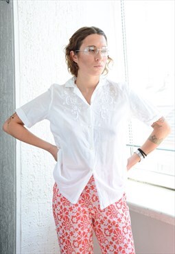 Vintage 70's White Thin Cotton Embroidered Front Shirt