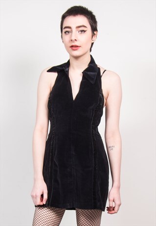 90'S BLACK VELVET SLEEVELESS HALTERNECK TUXEDO MINI DRESS