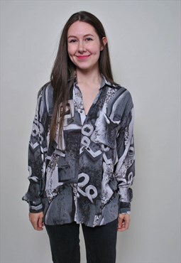 80's abstract blouse, vintage modernist button up shirt
