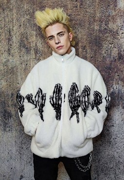 Bones fleece jacket faux fur grunge skeleton bomber in white