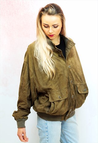 1980S VINTAGE REAL SUEDE BROWN BUTTON UP BOMBER JACKET
