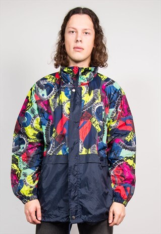 VINTAGE 90'S CRAZY BRIGHT PATTERN CAGOULE JACKET COAT