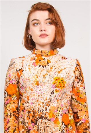 VINTAGE 70'S ORANGE FLORAL HIGH NECK TOP