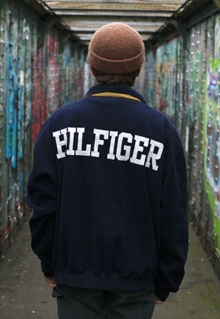 VINTAGE 90S TOMMY HILFIGER QUARTER ZIP FLEECE PULLOVER NAVY
