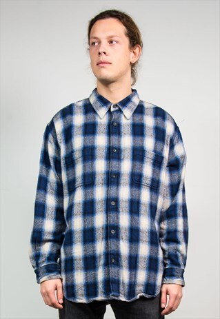 VINTAGE NINETIES BLUE TARTAN CHECK FLANNEL SHIRT