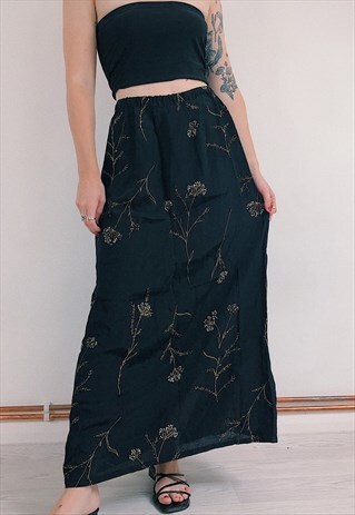 VINTAGE BLACK FLORAL MAXI SKIRT