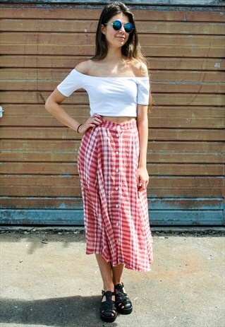 VINTAGE RED GINGHAM MIDI SKIRT