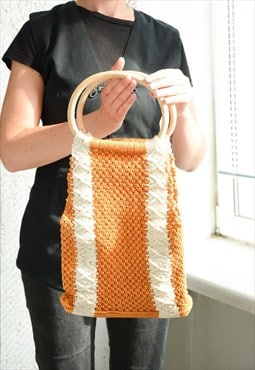 Vintage 70's Wooden Handle Mustard Textured Bag