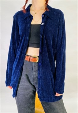 Vintage Size L Blue Velour Cardigan in Blue