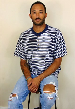 90S SKATER SURFER STRIPE TERRY HENLEY SHIRT LARGE