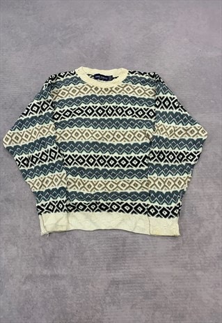 VINTAGE KNITTED JUMPER ABSTRACT PATTERNED GRANDAD SWEATER