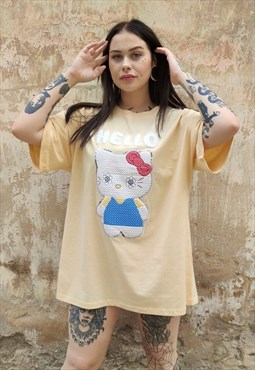 Hello Kitty t-shirt cat applique tee Anime cartoon top cream