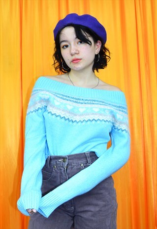 VINTAGE 80S JUMPER PALE BLUE WHITE FAIR ISLE OFF SHOULDER