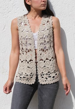 Vintage light beige wool blend applique crochet cord vest 