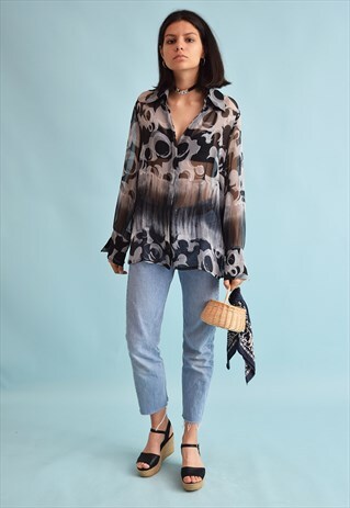 90'S RETRO ABSTRACT PRINT SHEER FESTIVAL BLOUSE TOP