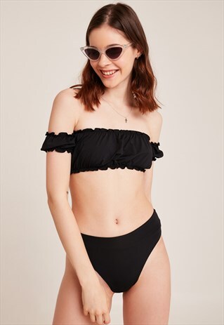 SUBDUED BLACK FRILL HEMS BIKINI TOP