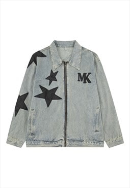 Star patchwork denim jacket zip up jean bomber in grey