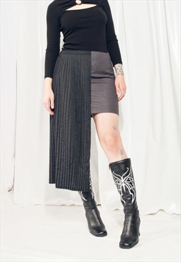 Vintage Skirt 90s Reworked Half and Half Pleated Midi Skirt