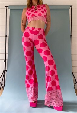 Festival Style Pink Polka Dot flare Pants w Lace 