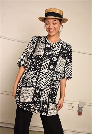 90'S RETRO ABSTRACT PRINT PARIS CHIC FESTIVAL BLOUSE TOP