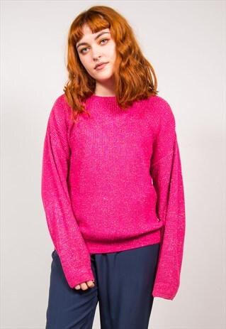 VINTAGE 90'S HOT PINK GLITTER FISHERMAN KNIT JUMPER