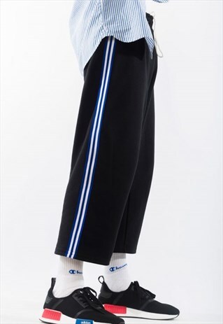 CROPPED JOGGERS BLACK PANEL STRIPED CASUAL TROUSER
