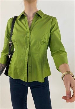 Y2K Vintage Ladies Green Button Down Blouse