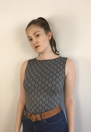 WOMENS VINTAGE FENDI TOP IN GREY BLACK ZUCCA MONOGRAM PRINT