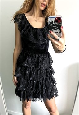 90s Black Ruffled Lace Mini Dress - M
