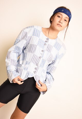 VINTAGE 80'S RETRO CHECKED TARTAN PATCHWORK JACKET IN BLUE