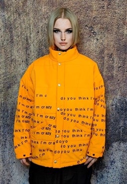 Graffiti bomber letter print jacker quilted jacket in orange