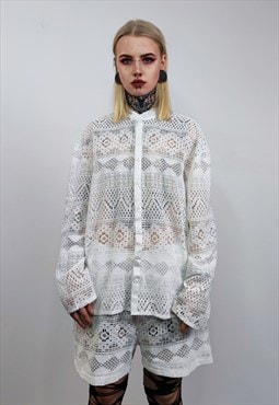 Crochet shirt & shorts set lace top mesh tracksuit in white