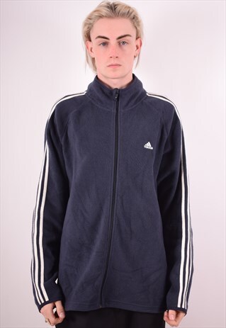ADIDAS MENS VINTAGE FLEECE JACKET LARGE NAVY BLUE 90S