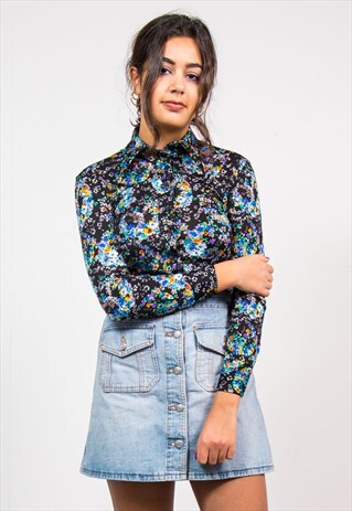 VINTAGE 70'S BLACK FLORAL PATTERN SHIRT BLOUSE