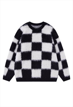 Checkboard sweater fluffy knit jumper soft check top black
