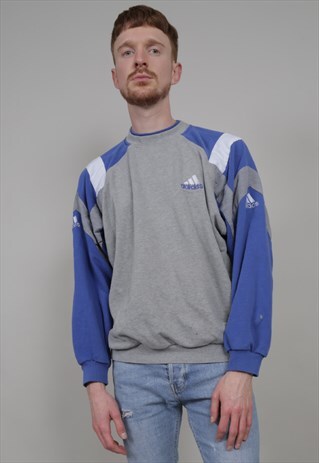 VINTAGE 90'S ADIDAS STRIPED OVERSIZED GREY/BLUE SWEATER