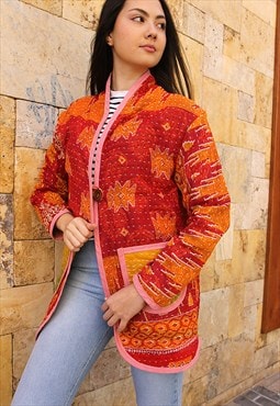 Long Cotton Quilted Jacket in Red