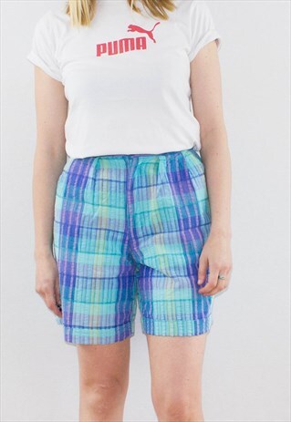 VINTAGE 90'S BLUE TARTAN HIGH WAIST FESTIVAL SHORTS