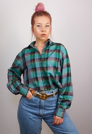 KURT KELLERMANN VINTAGE CHECK PRINT SILK SHIRT / BLOUSE